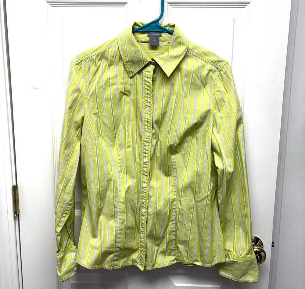 Ann Taylor Blouse Lime Green Button Up Stripes, 100% Cotton, Woman's Size 12
